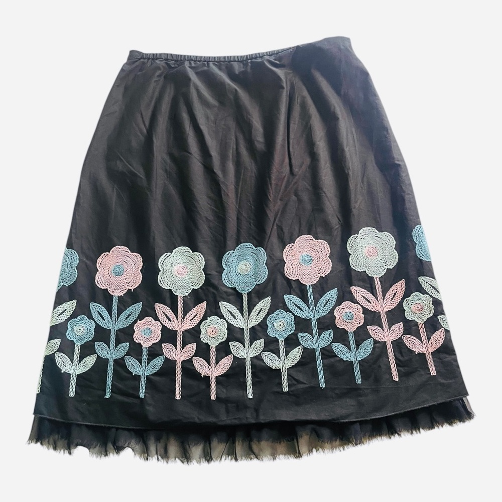 Karen Kane Black Midi Skirt Colorful Stitched Flowers Tulle Sz 14 Whimsigoth Y2K